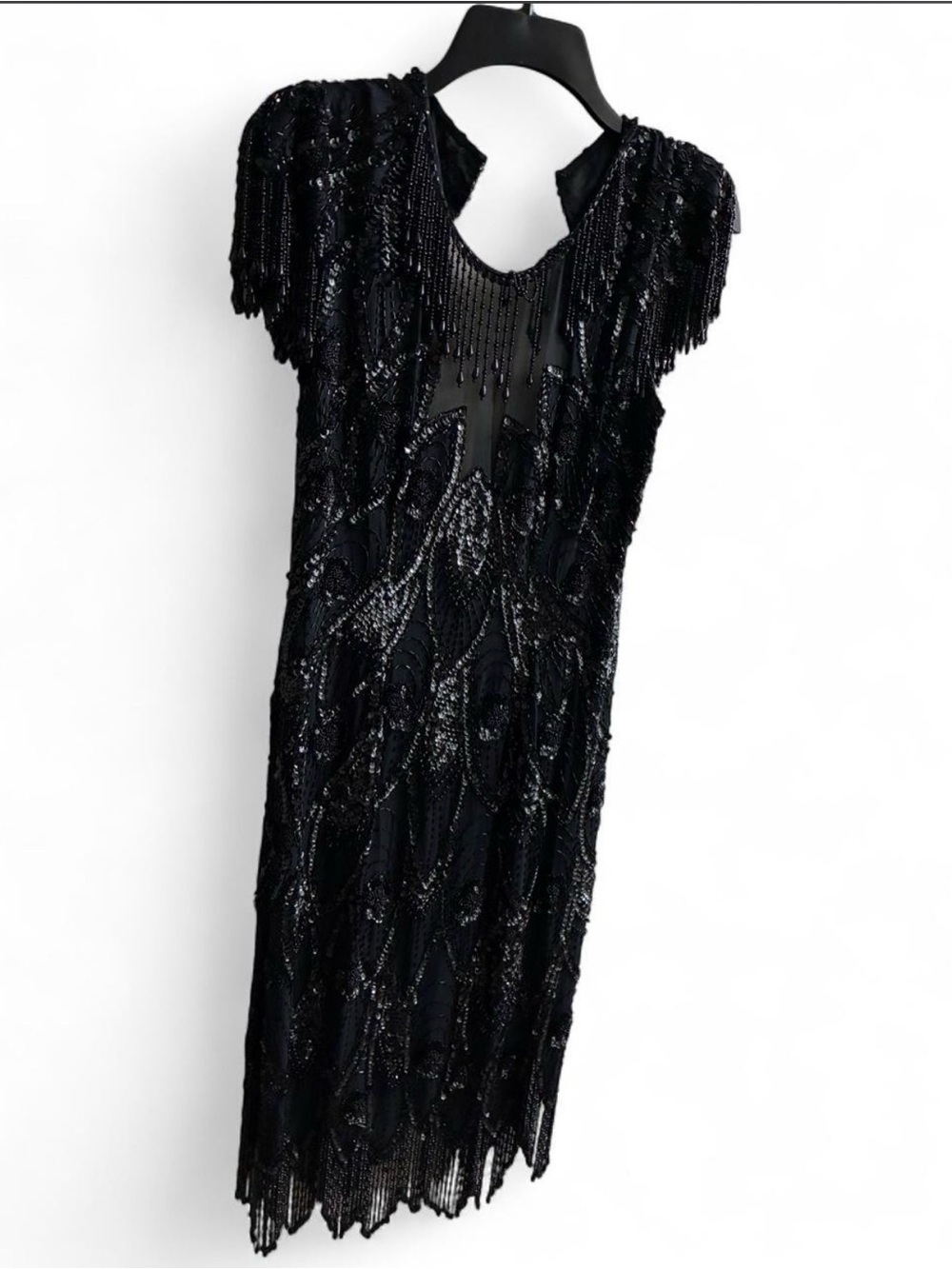 Vintage Black Beaded Fringe Evening Dress